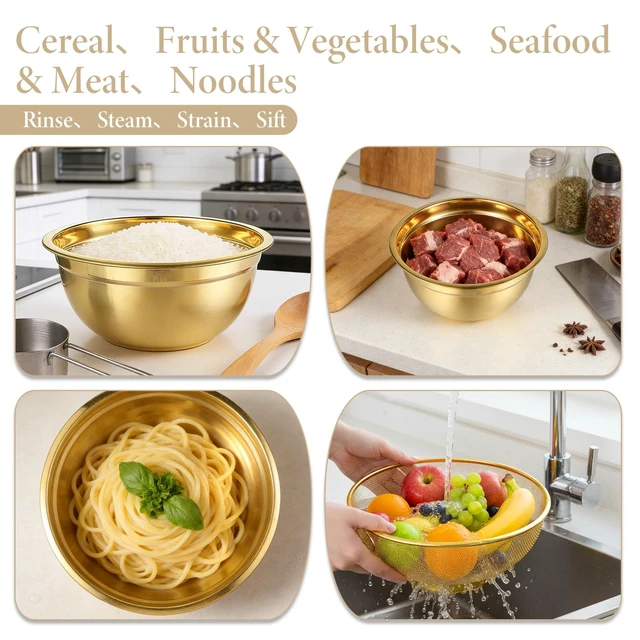 Alt view image 7 of 7 - 5 Pack Gold Mixing Bowls with Airtight Lids, Stainless Steel Mixing Bowl Set with Colander, Gold Nested Bowl, Metal Nesting Organizers, for Baking Prepping and Serving Food, Size 1.5, 2.0, 2.5, 4.0 Qt