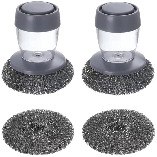 Main image of Steel Wool Scrubber with Soap Dispenser for Dish Sink Pan Stove Kitchen, Stainless Dishwashing Scouring Pad, Dispensing Heavy Duty Brush Scourer Cast Iron 2+2