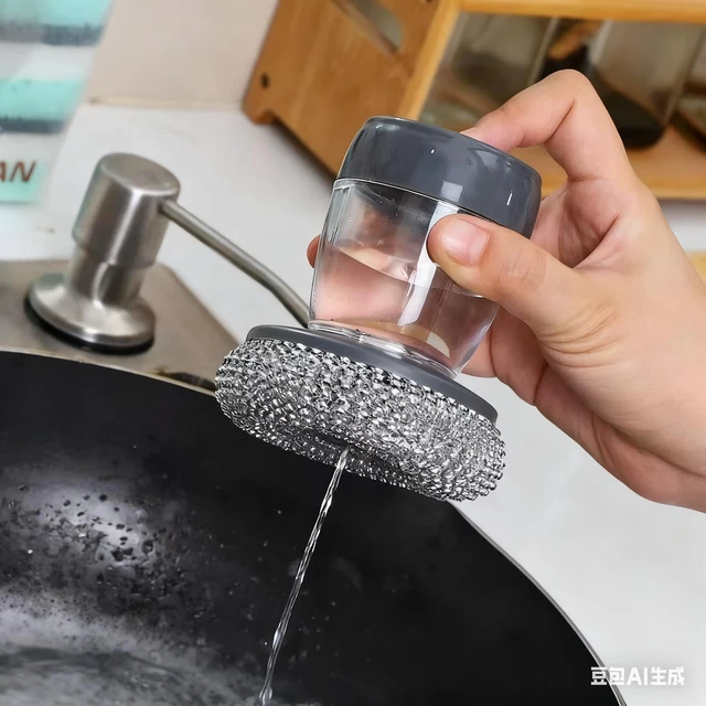 Alt view image 2 of 7 - Steel Wool Scrubber with Soap Dispenser for Dish Sink Pan Stove Kitchen, Stainless Dishwashing Scouring Pad, Dispensing Heavy Duty Brush Scourer Cast Iron 2+2