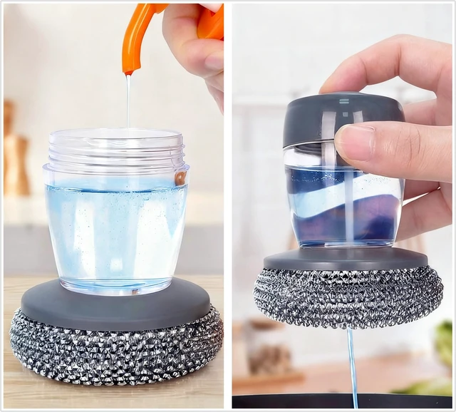 Alt view image 3 of 7 - Steel Wool Scrubber with Soap Dispenser for Dish Sink Pan Stove Kitchen, Stainless Dishwashing Scouring Pad, Dispensing Heavy Duty Brush Scourer Cast Iron 2+2