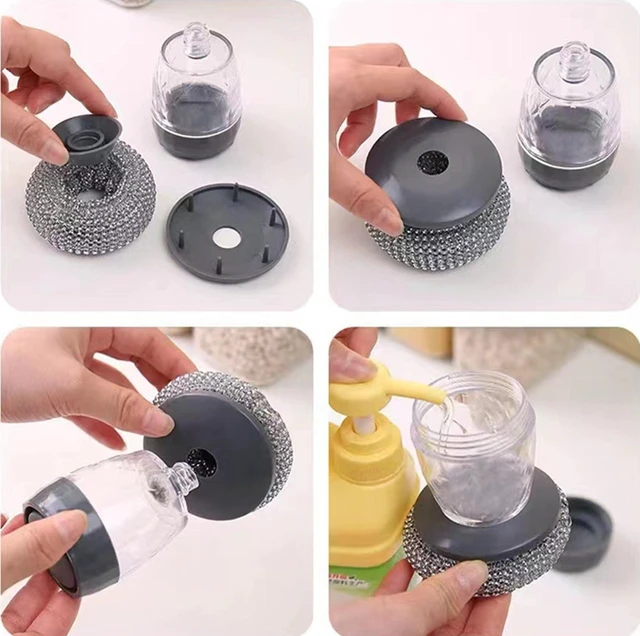 Alt view image 6 of 7 - Steel Wool Scrubber with Soap Dispenser for Dish Sink Pan Stove Kitchen, Stainless Dishwashing Scouring Pad, Dispensing Heavy Duty Brush Scourer Cast Iron 2+2