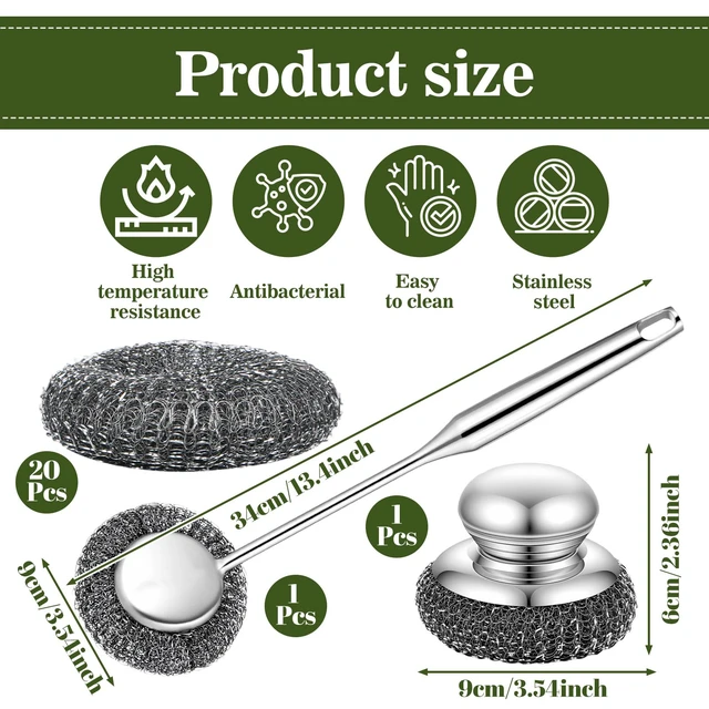 Alt view image 2 of 7 - Heavy Duty Steel Wool Scrubber with Handle Set Bulk, 22 Pcs Stainless Steel Scrubber Brush Set 1 Long Brushes, 1 Short Brushes, 20 Replaceable Pads for Home Cooks, BBQ Enthusiasts, Kitchen