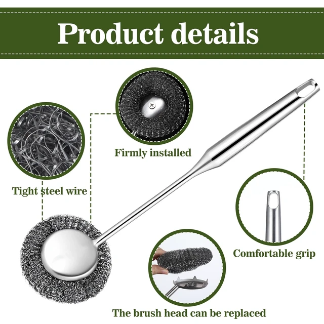 Alt view image 3 of 7 - Heavy Duty Steel Wool Scrubber with Handle Set Bulk, 22 Pcs Stainless Steel Scrubber Brush Set 1 Long Brushes, 1 Short Brushes, 20 Replaceable Pads for Home Cooks, BBQ Enthusiasts, Kitchen