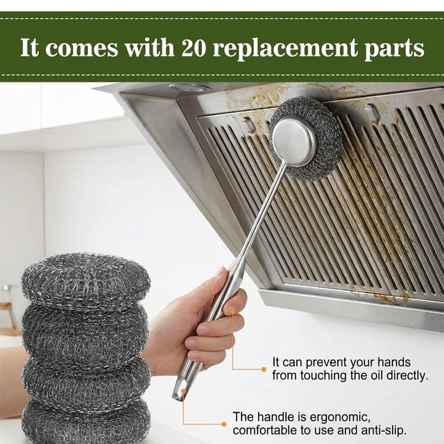 Alt view image 7 of 7 - Heavy Duty Steel Wool Scrubber with Handle Set Bulk, 22 Pcs Stainless Steel Scrubber Brush Set 1 Long Brushes, 1 Short Brushes, 20 Replaceable Pads for Home Cooks, BBQ Enthusiasts, Kitchen