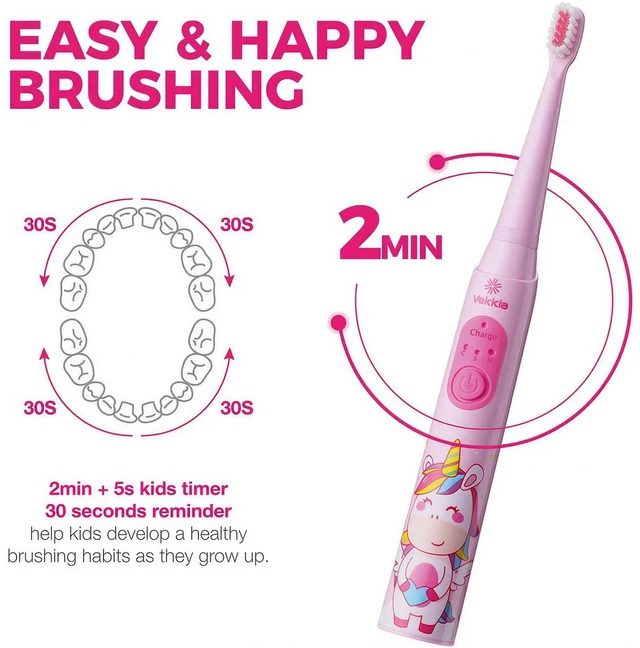 Alt view image 3 of 7 - Rechargeable Kids Electric Toothbrush(Pink) | 3 Modes with Memory/Fun & Easy Cleaning/24000 Strokes, IPX7 Waterproof, 2-Min Timer for Age 5+/4 Soft Bristles