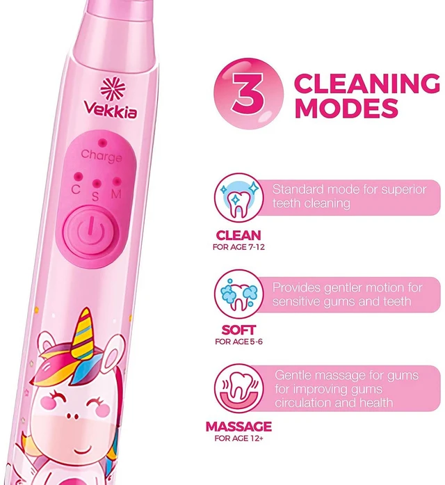 Alt view image 4 of 7 - Rechargeable Kids Electric Toothbrush(Pink) | 3 Modes with Memory/Fun & Easy Cleaning/24000 Strokes, IPX7 Waterproof, 2-Min Timer for Age 5+/4 Soft Bristles
