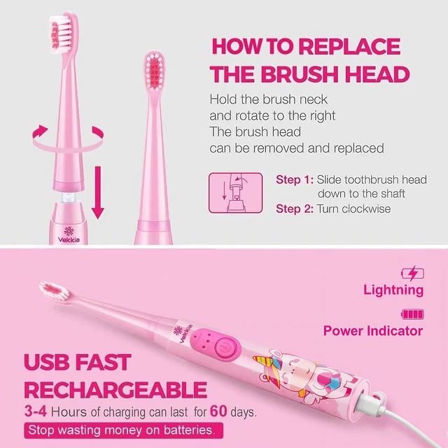 Alt view image 5 of 7 - Rechargeable Kids Electric Toothbrush(Pink) | 3 Modes with Memory/Fun & Easy Cleaning/24000 Strokes, IPX7 Waterproof, 2-Min Timer for Age 5+/4 Soft Bristles