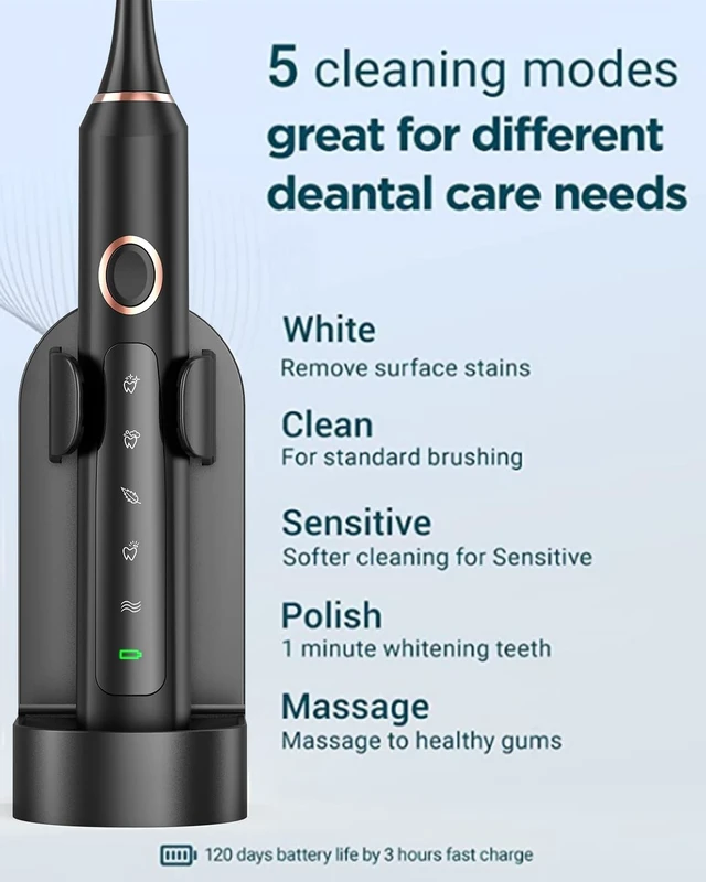 Alt view image 5 of 7 - M5 Electric Toothbrush for Adults - Sonic Electric Toothbrush for Kids and Adults with 8 Brush Heads & Travel Case, 120 Days Battery Life - Black