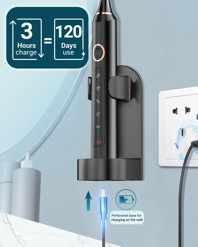 Alt view image 6 of 7 - M5 Electric Toothbrush for Adults - Sonic Electric Toothbrush for Kids and Adults with 8 Brush Heads & Travel Case, 120 Days Battery Life - Black