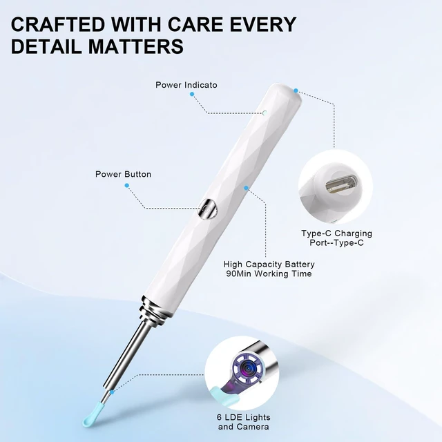 Alt view image 6 of 7 - High-Definition Ear Wax Removal, Wireless Ear Cleaner, Safe and Gentle Ear Wax Removal Kit, Rechargeable Ear Cleaner with Camera and Light, Ear Cleaning Kit for Android and iOS (White)