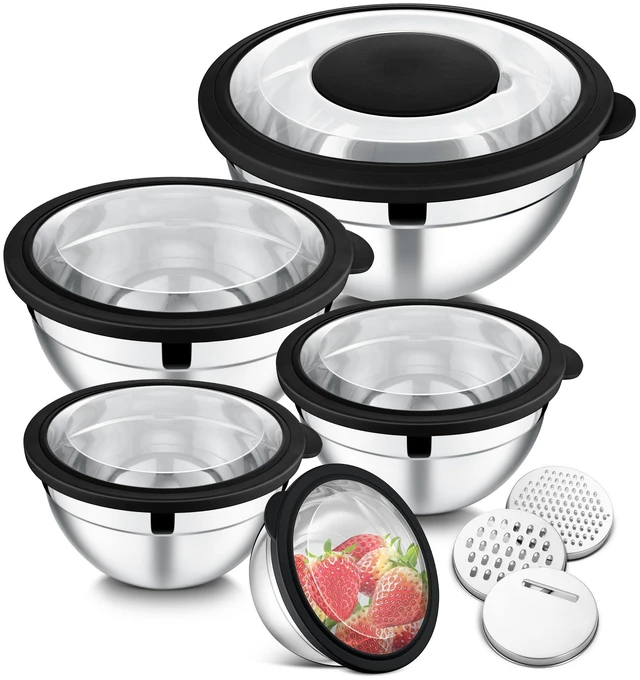 Main image of Mixing Bowls, Stainless Steel Salad Mixing Bowl with Lid & Grater Set | Metal Nesting Bowl w/Clear Lids & 3-Grater for Kitchen Prepping/Serving/Baking/Storage, 4.6/2.6/1.5/1/0.7 QT, Black, Set of 5