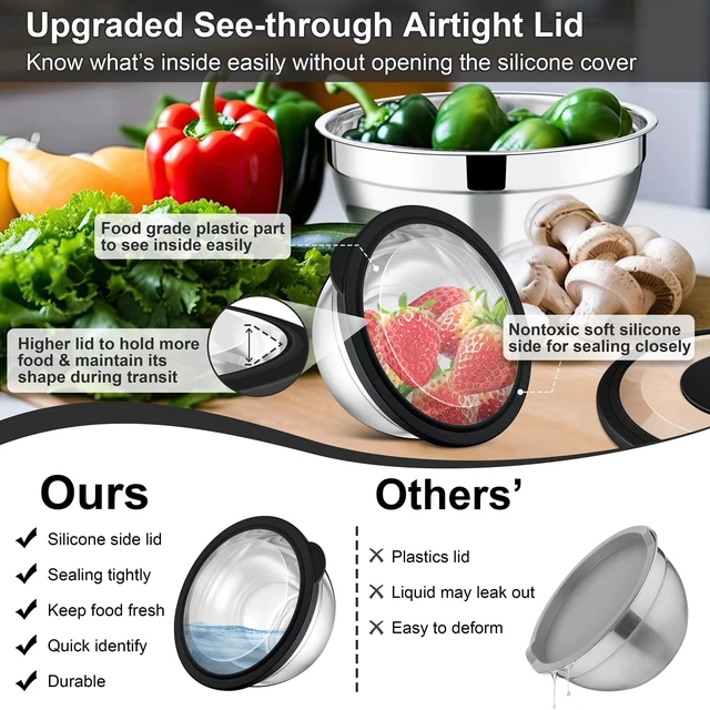 Alt view image 2 of 7 - Mixing Bowls, Stainless Steel Salad Mixing Bowl with Lid & Grater Set | Metal Nesting Bowl w/Clear Lids & 3-Grater for Kitchen Prepping/Serving/Baking/Storage, 4.6/2.6/1.5/1/0.7 QT, Black, Set of 5