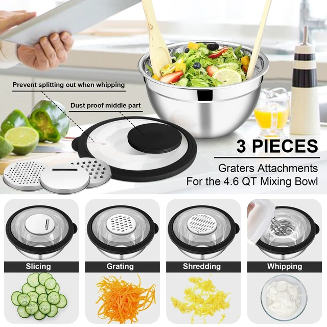 Alt view image 3 of 7 - Mixing Bowls, Stainless Steel Salad Mixing Bowl with Lid & Grater Set | Metal Nesting Bowl w/Clear Lids & 3-Grater for Kitchen Prepping/Serving/Baking/Storage, 4.6/2.6/1.5/1/0.7 QT, Black, Set of 5