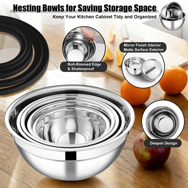 Alt view image 4 of 7 - Mixing Bowls, Stainless Steel Salad Mixing Bowl with Lid & Grater Set | Metal Nesting Bowl w/Clear Lids & 3-Grater for Kitchen Prepping/Serving/Baking/Storage, 4.6/2.6/1.5/1/0.7 QT, Black, Set of 5
