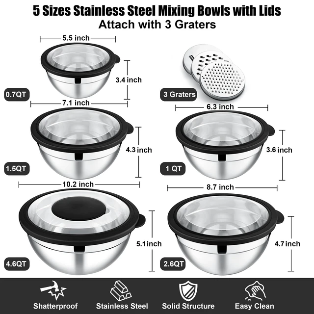 Alt view image 5 of 7 - Mixing Bowls, Stainless Steel Salad Mixing Bowl with Lid & Grater Set | Metal Nesting Bowl w/Clear Lids & 3-Grater for Kitchen Prepping/Serving/Baking/Storage, 4.6/2.6/1.5/1/0.7 QT, Black, Set of 5