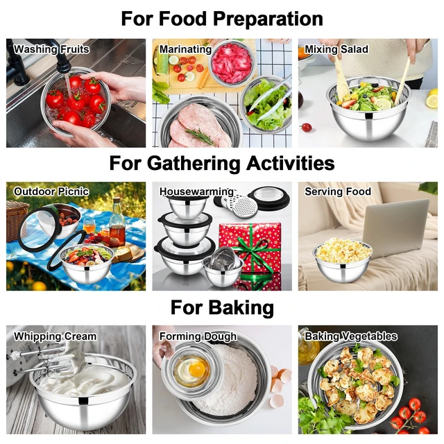 Alt view image 6 of 7 - Mixing Bowls, Stainless Steel Salad Mixing Bowl with Lid & Grater Set | Metal Nesting Bowl w/Clear Lids & 3-Grater for Kitchen Prepping/Serving/Baking/Storage, 4.6/2.6/1.5/1/0.7 QT, Black, Set of 5