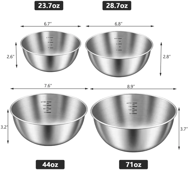 Alt view image 2 of 7 - 4 Pack Stainless Steel Mixing Bowl Set, Microwave and Dishwasher Safe,Ideal for Baking, Prepping, Cooking and Serving Food