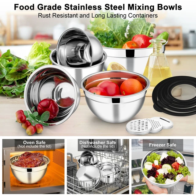 Alt view image 7 of 7 - Mixing Bowls, Stainless Steel Salad Mixing Bowl with Lid & Grater Set | Metal Nesting Bowl w/Clear Lids & 3-Grater for Kitchen Prepping/Serving/Baking/Storage, 4.6/2.6/1.5/1/0.7 QT, Black, Set of 5