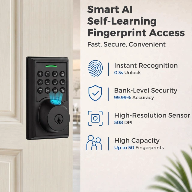 Alt view image 3 of 7 - Jodays Fingerprint Smart Deadbolt Lock with Keypad, Bluetooth App Control, Keyless Entry Door Lock for Front Door, Auto Lock, Matte Black