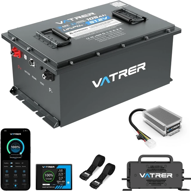 Main image of VATRER POWER 48V 105Ah Lithium Golf Cart Battery, UL2271 Certified, Complete Upgrade Kit, Built-in 200A BMS Max 10.24kW Output, Includes Charger LCD Display Voltage Reducer for Golf Carts