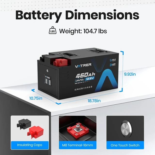 Alt view image 2 of 7 - VATRER POWER 12.8V 460Ah Self-Heating LiFePO4 RV Battery, APP Monitoring, Built-in 300A BMS, Max. 3840W Load Power, 5880Wh Usable Energy, 5000+ Cycles Lithium Battery, Perfect for RV, Motorhomes
