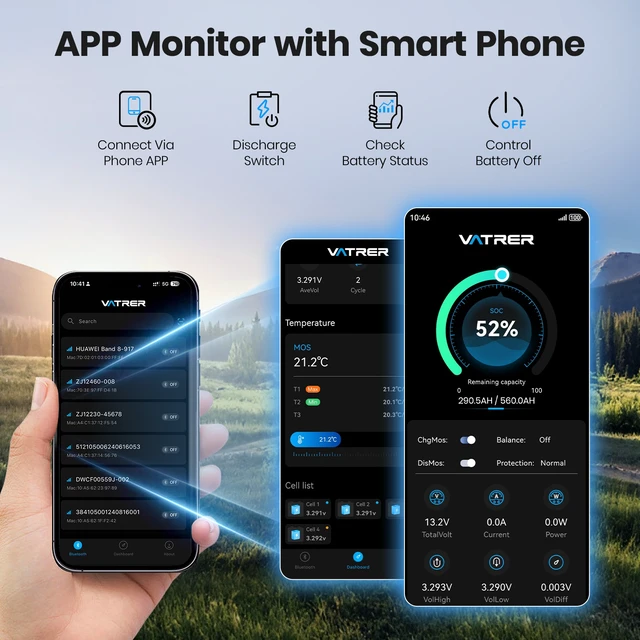 Alt view image 7 of 7 - VATRER POWER 12.8V 560Ah Self-Heating LiFePO4 RV Battery, APP Monitoring
