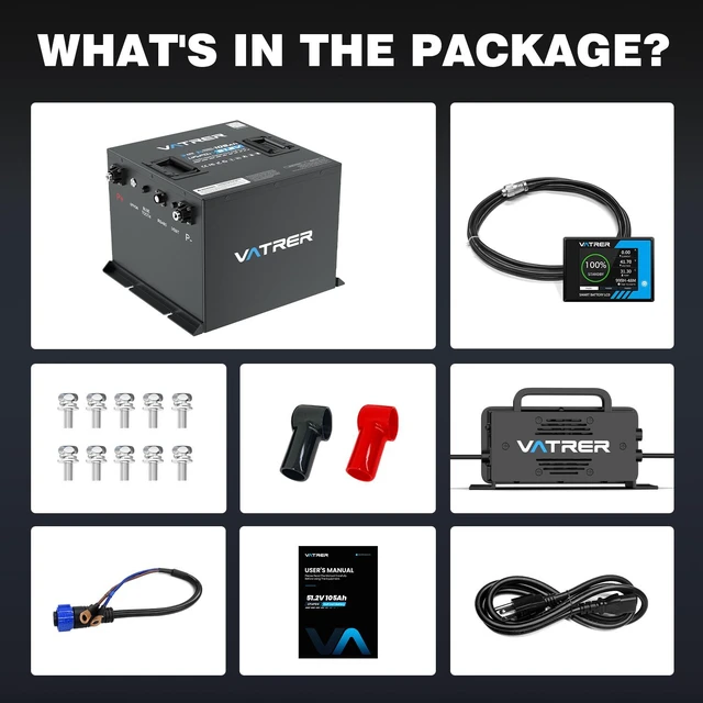 Alt view image 7 of 7 - VATRER POWER 48V 105Ah Mini LiFePO4 Golf Cart Battery Complete Kit