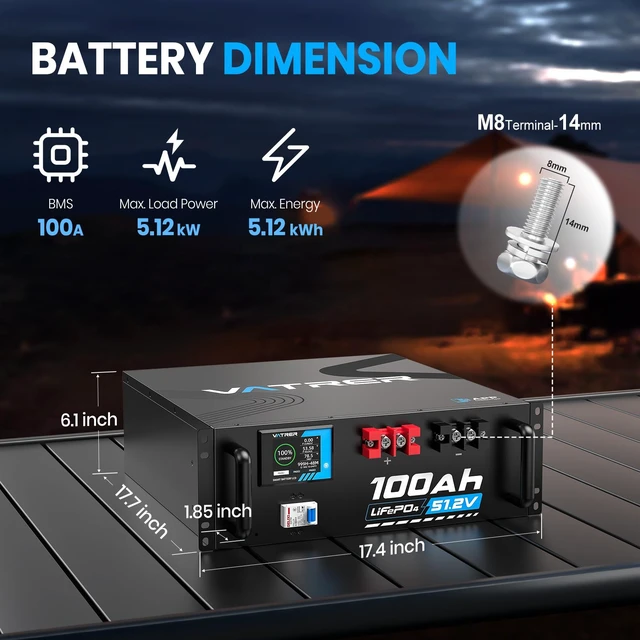 Alt view image 2 of 6 - 51.2V 100AH Lithium LiFePO4 Battery (2 Pack), Built-in 100A BMS