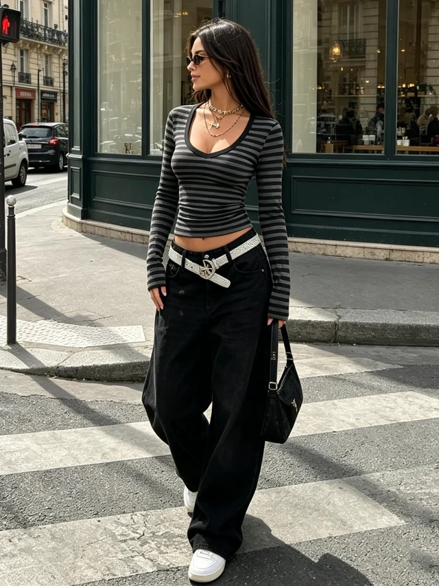 Alt view image 3 of 5 - LOMON Long Sleeve Shirts for Women Striped V Neck Y2k Slim Fit Crop Tops | 2026 Fall Winter Base Layer Tee Shirt, Stretch Soft Breathable Knit Fabric, Casual Daily Going Out Outfits