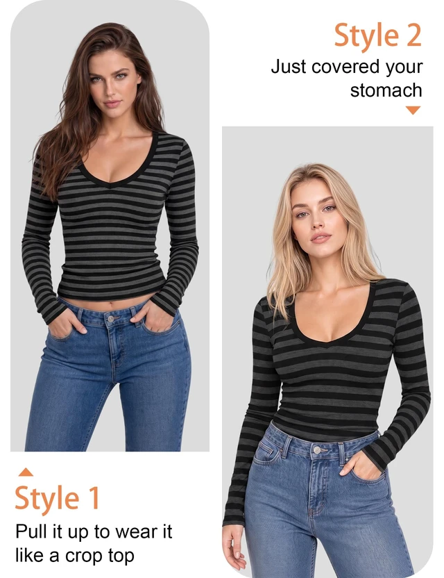 Alt view image 4 of 5 - LOMON Long Sleeve Shirts for Women Striped V Neck Y2k Slim Fit Crop Tops | 2026 Fall Winter Base Layer Tee Shirt, Stretch Soft Breathable Knit Fabric, Casual Daily Going Out Outfits