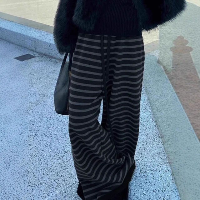 Alt view image 2 of 6 - Striped Cute Pj Lounge Pants Woman Grunge Wide Leg Emo Alt Loose Y2k Pjs 2000s Casual Teen Pajamas Pants (Black,Large)