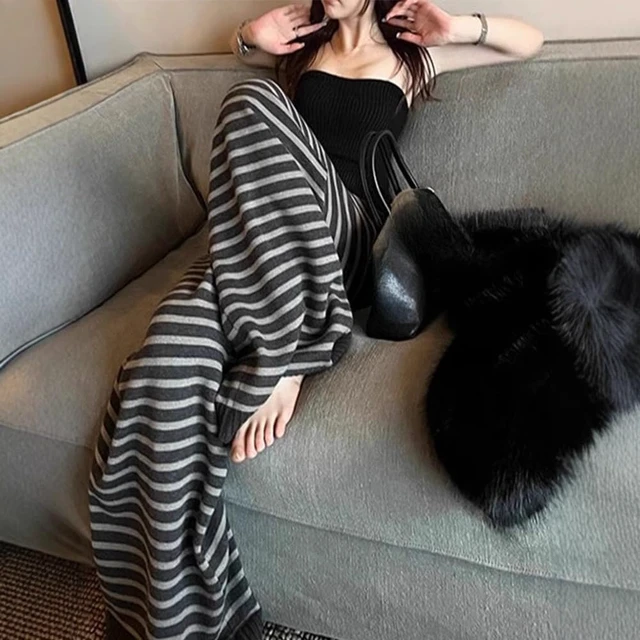 Alt view image 3 of 6 - Striped Cute Pj Lounge Pants Woman Grunge Wide Leg Emo Alt Loose Y2k Pjs 2000s Casual Teen Pajamas Pants (Black,Large)