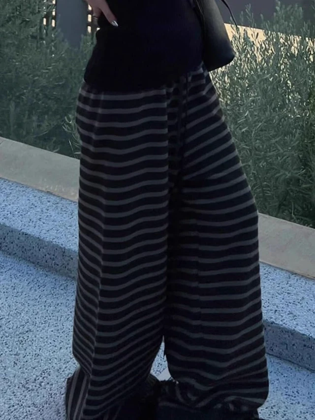 Alt view image 4 of 6 - Striped Cute Pj Lounge Pants Woman Grunge Wide Leg Emo Alt Loose Y2k Pjs 2000s Casual Teen Pajamas Pants (Black,Large)