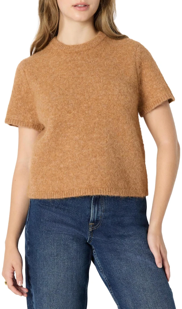 Main image of Amazon Essentials Women's Relaxed-Fit Faux Mohair Short Sleeve Sweater Top, Camel Heather, Large
