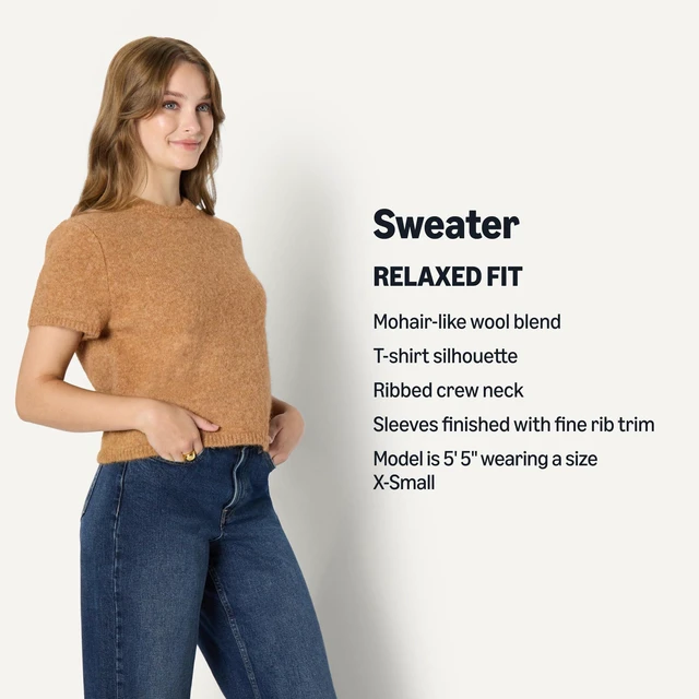 Alt view image 4 of 7 - Amazon Essentials Women's Relaxed-Fit Faux Mohair Short Sleeve Sweater Top, Camel Heather, Large