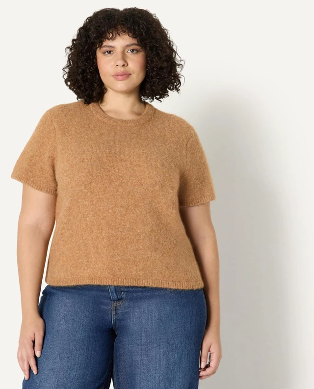 Alt view image 6 of 7 - Amazon Essentials Women's Relaxed-Fit Faux Mohair Short Sleeve Sweater Top, Camel Heather, Large