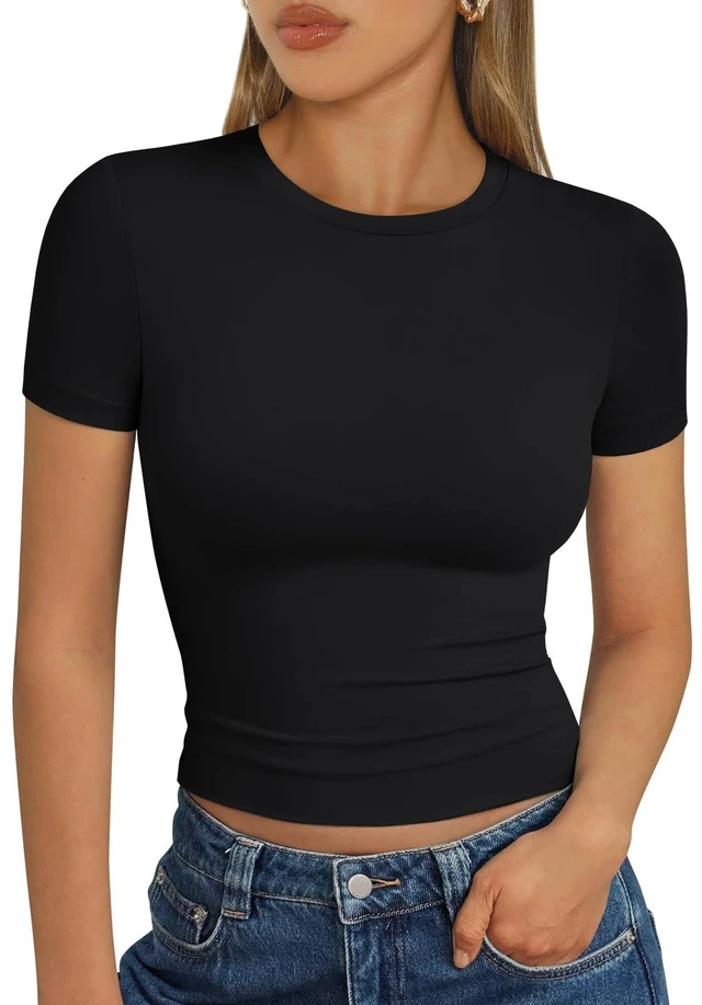 Main image of Trendy Queen Womens Short Sleeve T Shirt Basic Summer Top Black M | Buttery-Soft Stretch Fabric, Breathable, Figure-Flattering, Slim Fit Y2K Crop Tops for Workouts and Going Out