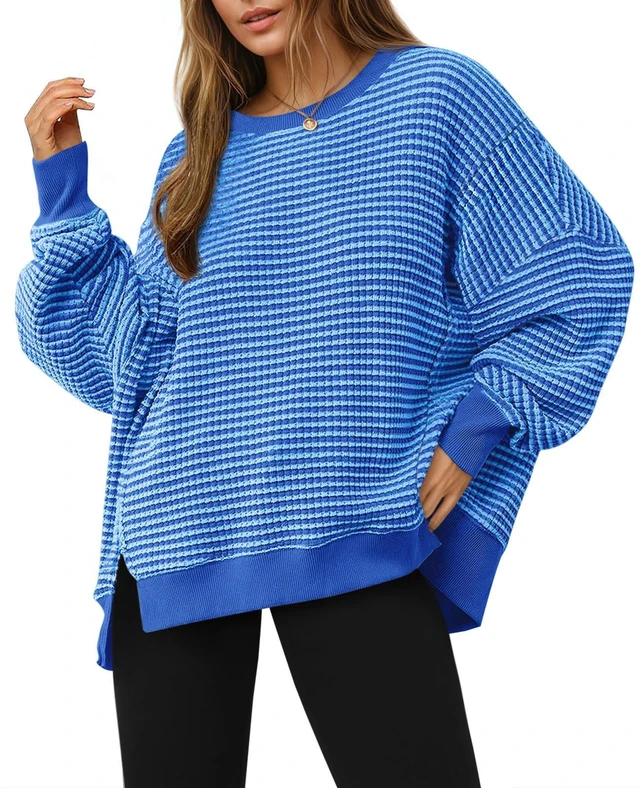 Main image of Fisoew Women's Oversized Sweatshirt Waffle Knit Striped Long Sleeve Crewneck Casual Loose Pullover Tunic Tops Blue