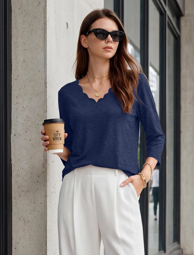 Alt view image 3 of 5 - WIHOLL 3/4 Length Sleeve Tops Women's Fashion Clothing 2026 Business Casual Outfits Work Office T Shirts Early Fall Fashion Plus Size Cowgirl Clothes Cute Elegant Blouses Blue XL