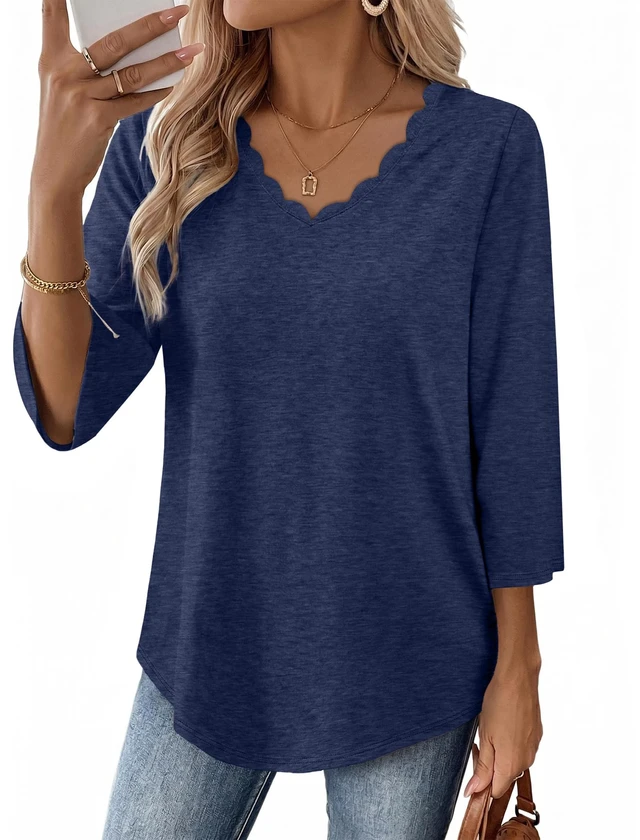 Alt view image 2 of 5 - WIHOLL 3/4 Length Sleeve Tops Women's Fashion Clothing 2026 Business Casual Outfits Work Office T Shirts Early Fall Fashion Plus Size Cowgirl Clothes Cute Elegant Blouses Blue XL
