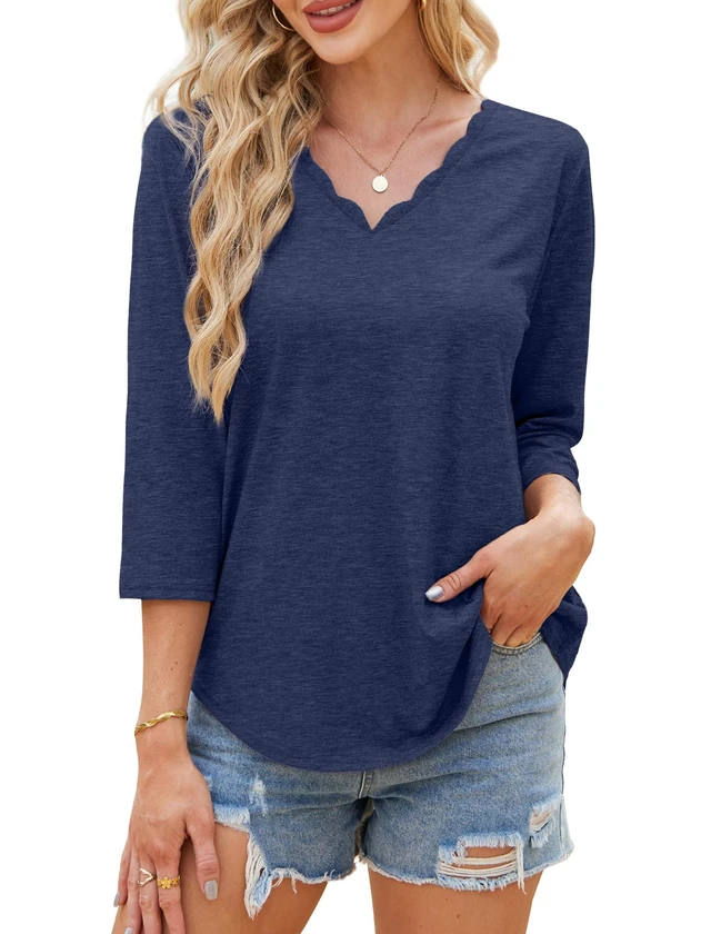 Alt view image 4 of 5 - WIHOLL 3/4 Length Sleeve Tops Women's Fashion Clothing 2026 Business Casual Outfits Work Office T Shirts Early Fall Fashion Plus Size Cowgirl Clothes Cute Elegant Blouses Blue XL