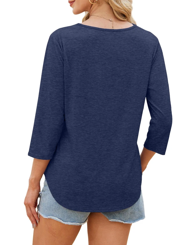 Alt view image 5 of 5 - WIHOLL 3/4 Length Sleeve Tops Women's Fashion Clothing 2026 Business Casual Outfits Work Office T Shirts Early Fall Fashion Plus Size Cowgirl Clothes Cute Elegant Blouses Blue XL