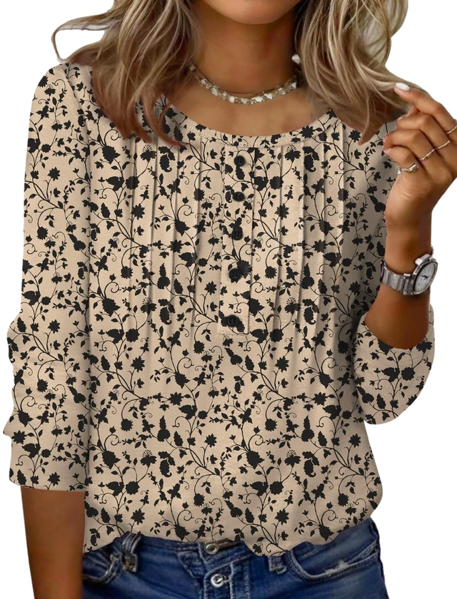 Main image of Zeagoo Ladies Tops and Blouses 3/4 sleeve Plus Size Floral Print Crew Neck Blouses Casual T-Shirt For Spring Summer Oversized Women's Work Clothing Beige