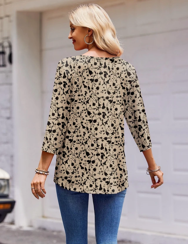 Alt view image 7 of 7 - Zeagoo Ladies Tops and Blouses 3/4 sleeve Plus Size Floral Print Crew Neck Blouses Casual T-Shirt For Spring Summer Oversized Women's Work Clothing Beige