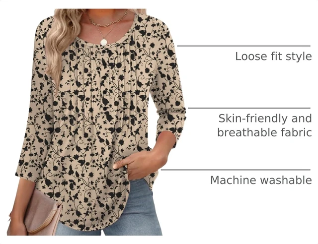 Alt view image 4 of 7 - Zeagoo Ladies Tops and Blouses 3/4 sleeve Plus Size Floral Print Crew Neck Blouses Casual T-Shirt For Spring Summer Oversized Women's Work Clothing Beige