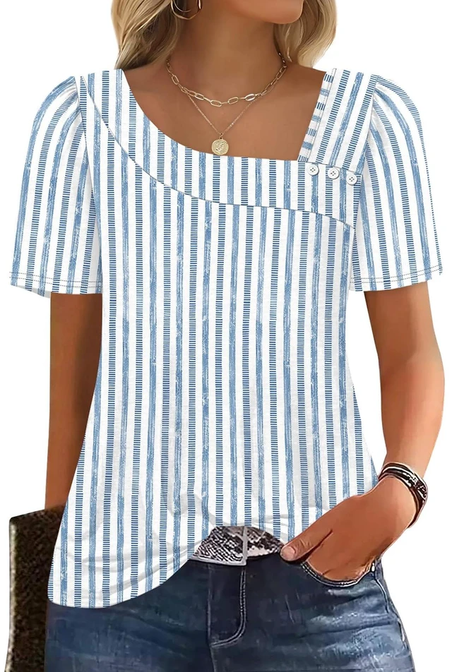 Main image of WIHOLL Womens Tops Summer Outfits Fashion Clothes Short Sleeve Tshirts T Shirts 2026 Business Casual Cruise Travel Essentials Blouses Blue Stripes XL