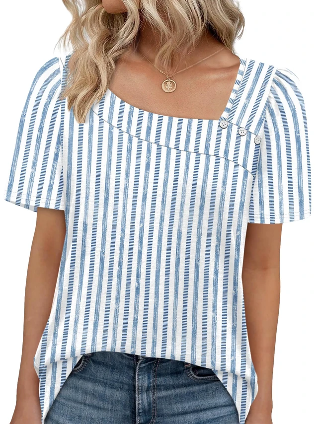 Alt view image 2 of 5 - WIHOLL Womens Tops Summer Outfits Fashion Clothes Short Sleeve Tshirts T Shirts 2026 Business Casual Cruise Travel Essentials Blouses Blue Stripes XL