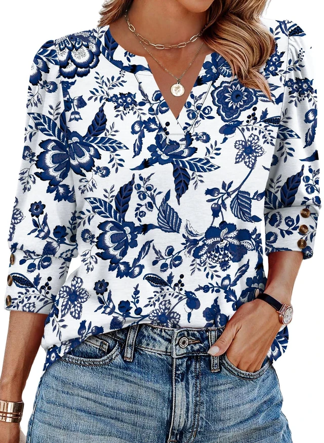 Main image of Boho Tops for Women 3/4 Length Sleeve Womens Tops Blouses Dressy Casual Early Fall Fashion 2026 Spring Outfits for Teachers Plus Size Summer Women's Clothing Trendy Fall Clothes Blue Floral 2XL