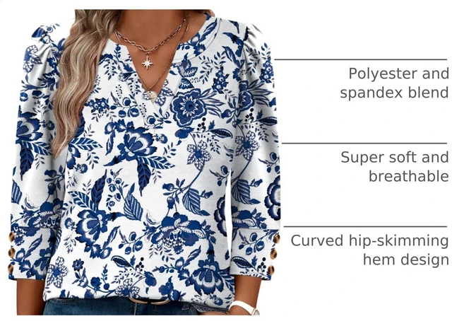 Alt view image 4 of 6 - Boho Tops for Women 3/4 Length Sleeve Womens Tops Blouses Dressy Casual Early Fall Fashion 2026 Spring Outfits for Teachers Plus Size Summer Women's Clothing Trendy Fall Clothes Blue Floral 2XL