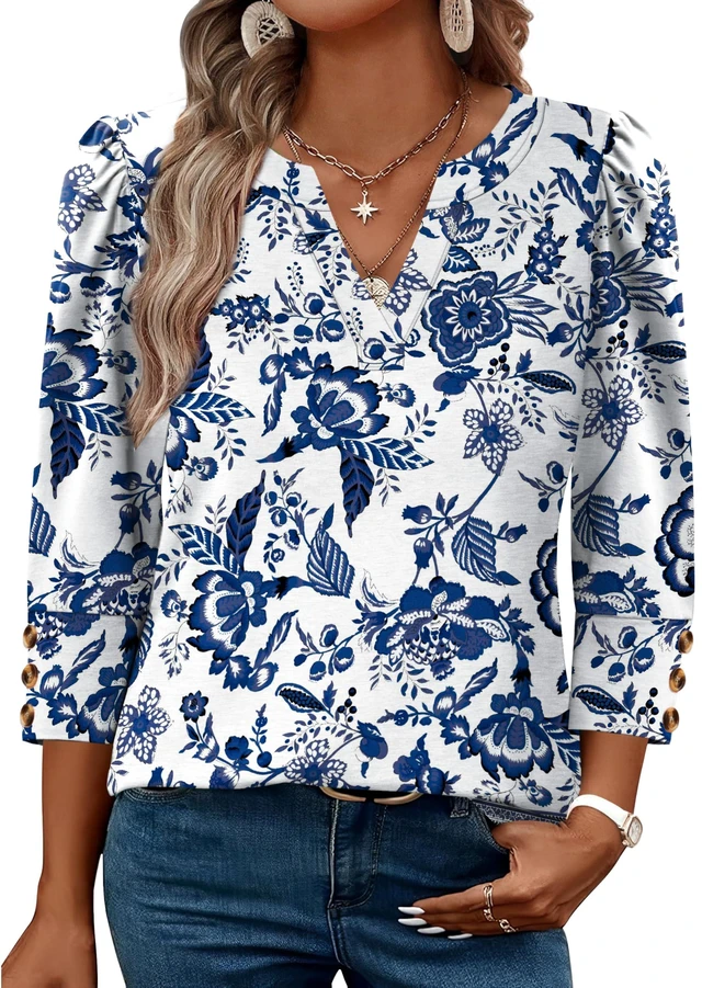 Alt view image 2 of 6 - Boho Tops for Women 3/4 Length Sleeve Womens Tops Blouses Dressy Casual Early Fall Fashion 2026 Spring Outfits for Teachers Plus Size Summer Women's Clothing Trendy Fall Clothes Blue Floral 2XL